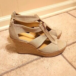 Michael Kors Women's "Damita" Tan & Gold Wedge Espadrilles Size 9.5